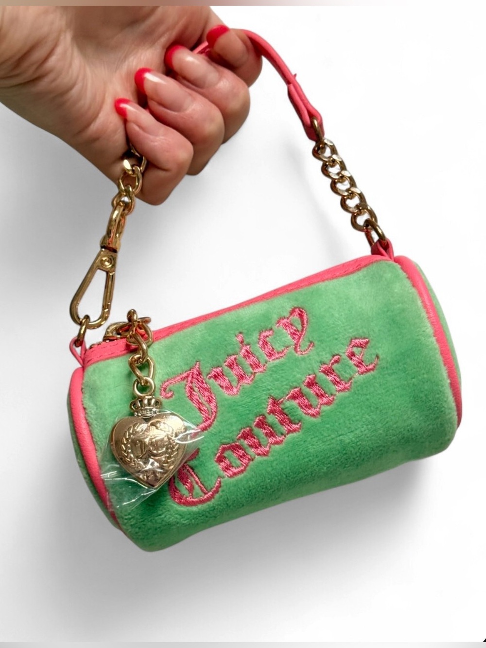 NEW Juicy Couture Mint Green Plush Mini Bag or Bag Charm-Pink Trim & Gold Chain